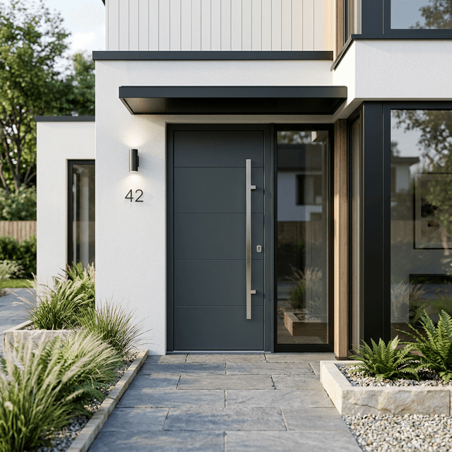 Moderne aluminium voordeur geplaatst in gevel